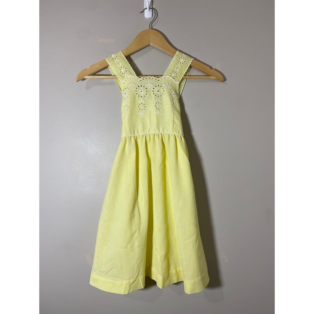 Ruth‎ of Carolina Vintage Easter Dress Girls Yellow Eyelet Lace Bow Back 6X
